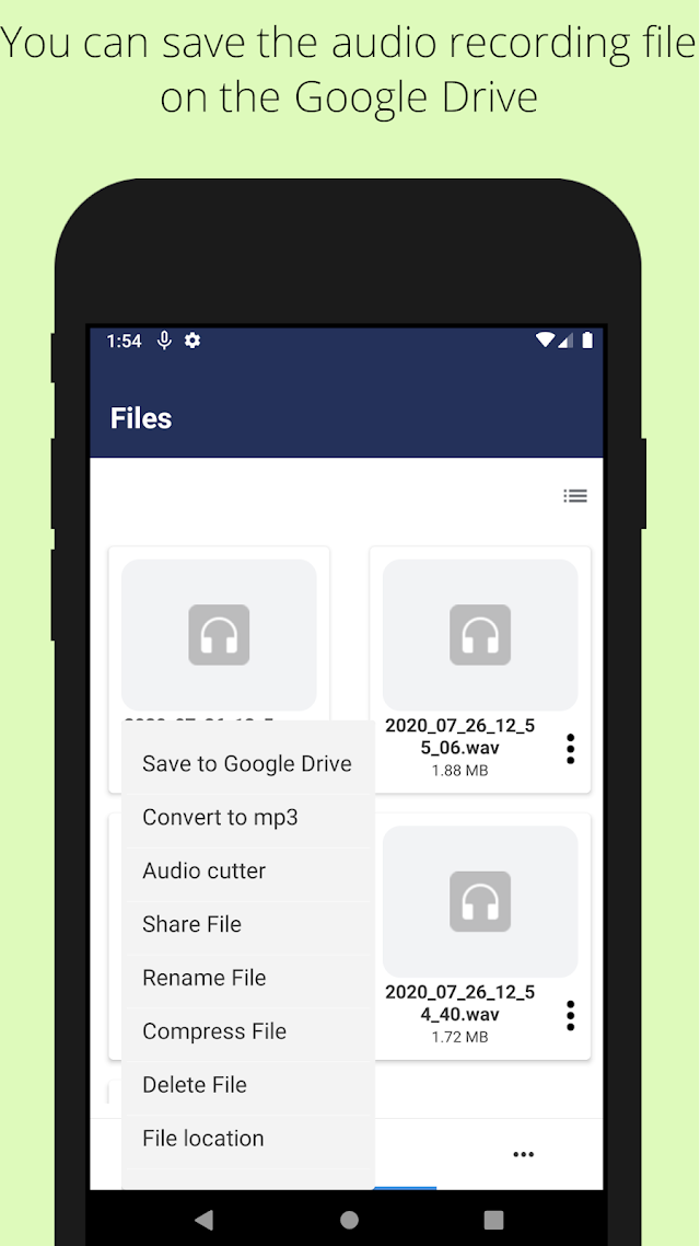 Google Play preview of recording management and Google Drive upload