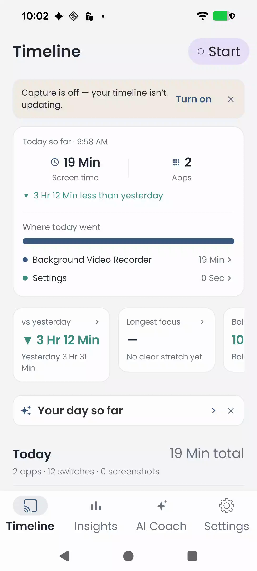 Screen Journey Timeline showing app usage and comparison with yesterday